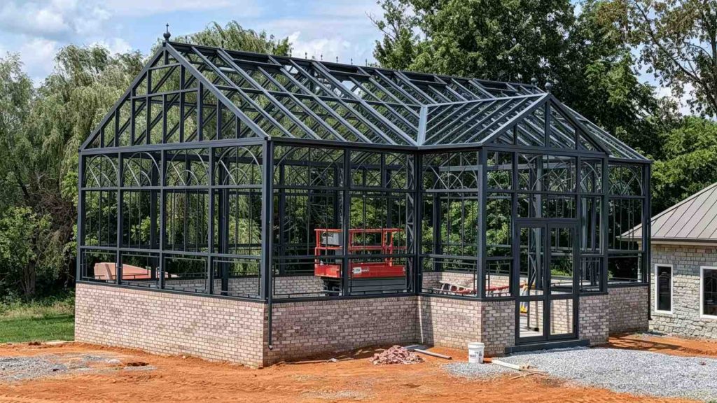 RAL7016 anthracite grey Victorian steel greenhouse frame under construction in Virginia, brick base garden conservatory